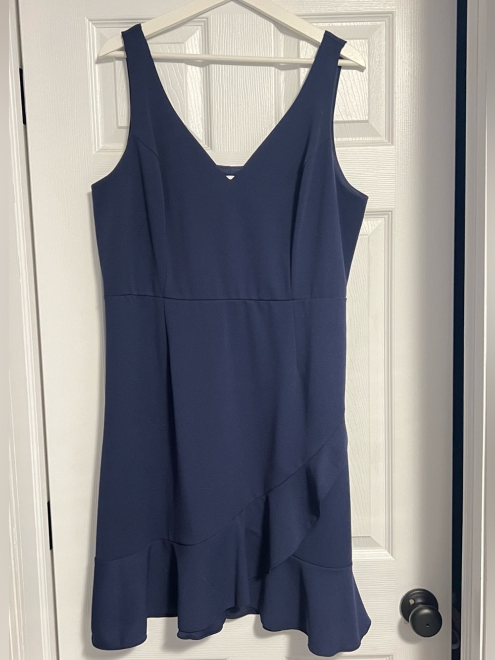 The Vanity Room Navy V-Neck Midi Dress with Ruffle Hem